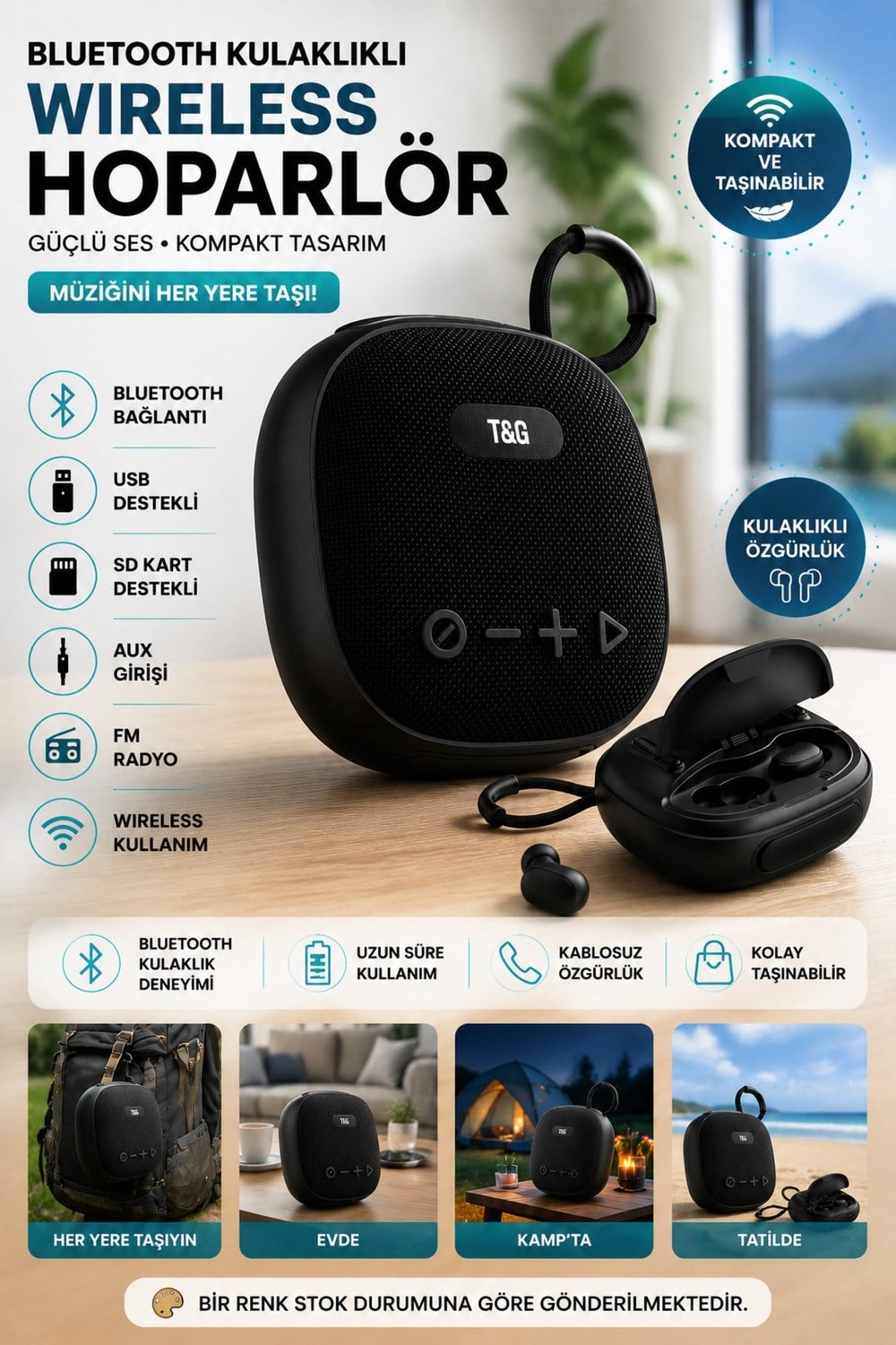 Bluetooth Kulaklıklı Taşınabilir Hoparlör 5W USB SD AUX FM 1500 mAh Kablosuz Speaker Bluetooth V5.3