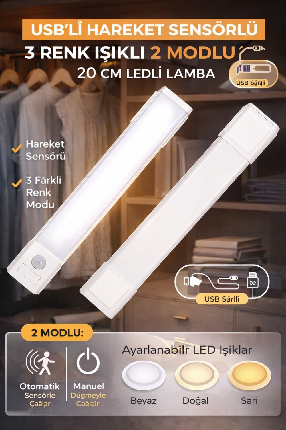 Hareket Sensörlü LED Lamba 20cm USB Şarjlı 3 Renk Işık Dolap Mutfak Tezgah Altı Aydınlatma 1ADET