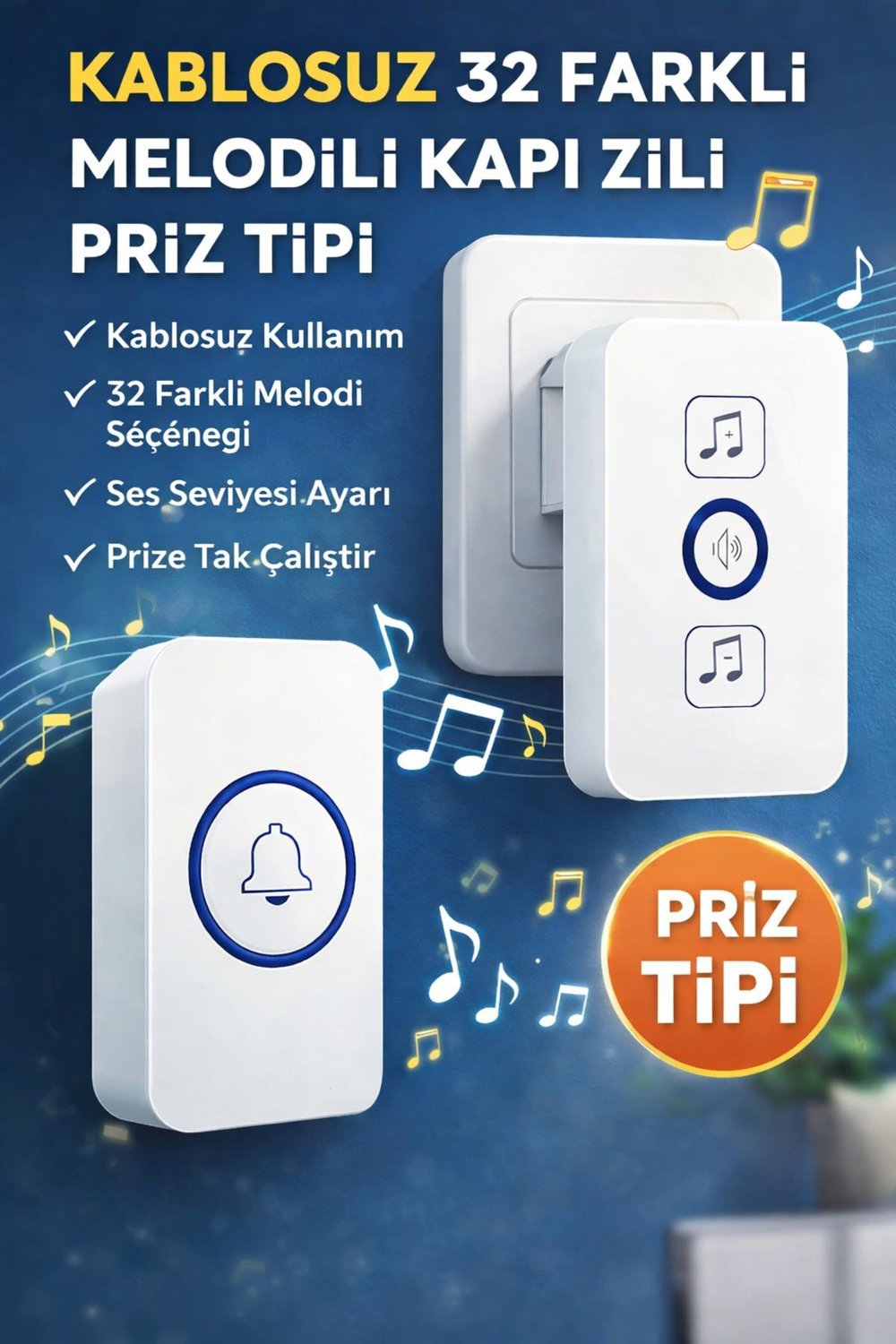 Kablosuz Kapı Zili Priz Tipi – 32 Melodili, 433MHz, Tak-Çalıştır, LED Göstergeli, Beyaz Zil Seti