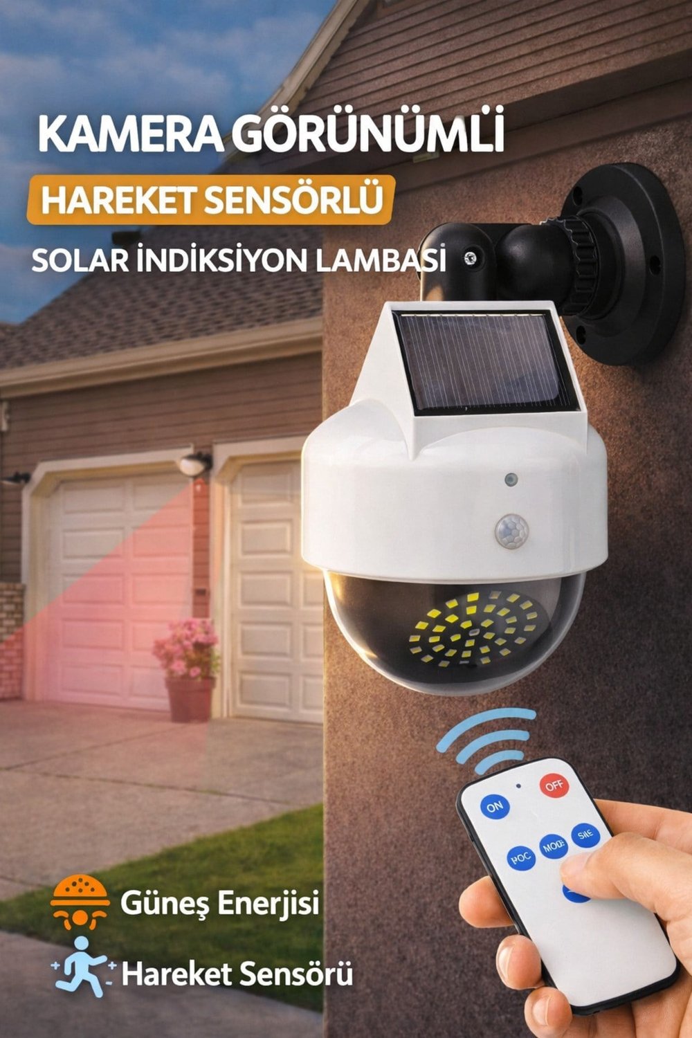 Kamera Görünümlü Hareket Sensörlü Solar Lamba Kumandalı LED Bahçe Aydınlatma Duvar Lambası