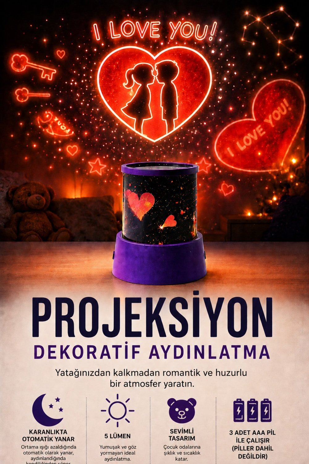 Projeksiyon Dekoratif Aydınlatma Kalp Yıldız I Love You Temalı 3D Yansıtma Gece Lambası 2 Modlu