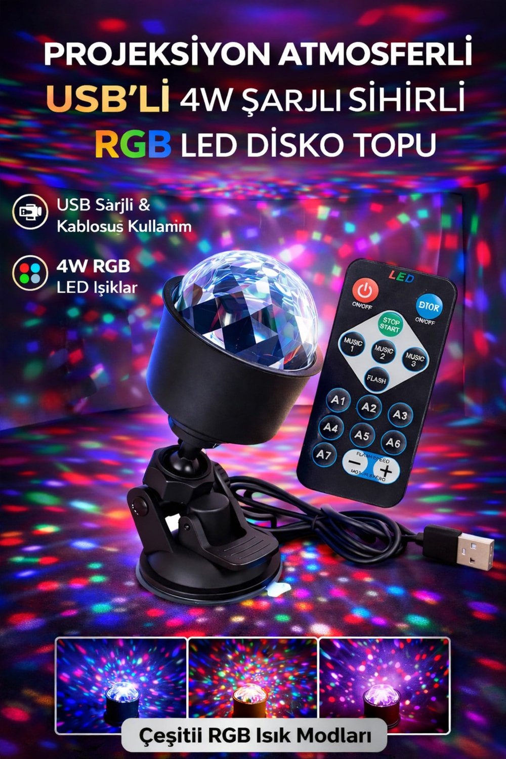 RGB LED Disko Topu USB Şarjlı Projeksiyon Işığı 360° Döner Renkli Parti Atmosfer Lambası