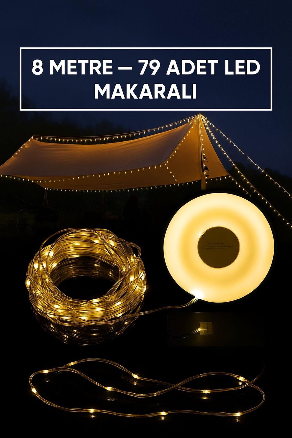 Şarjlı Makaralı Peri Led Işık Zinciri 8 Metre 79 +30 Led Bahçe Balkon Dış Mekan Kamp Işığı