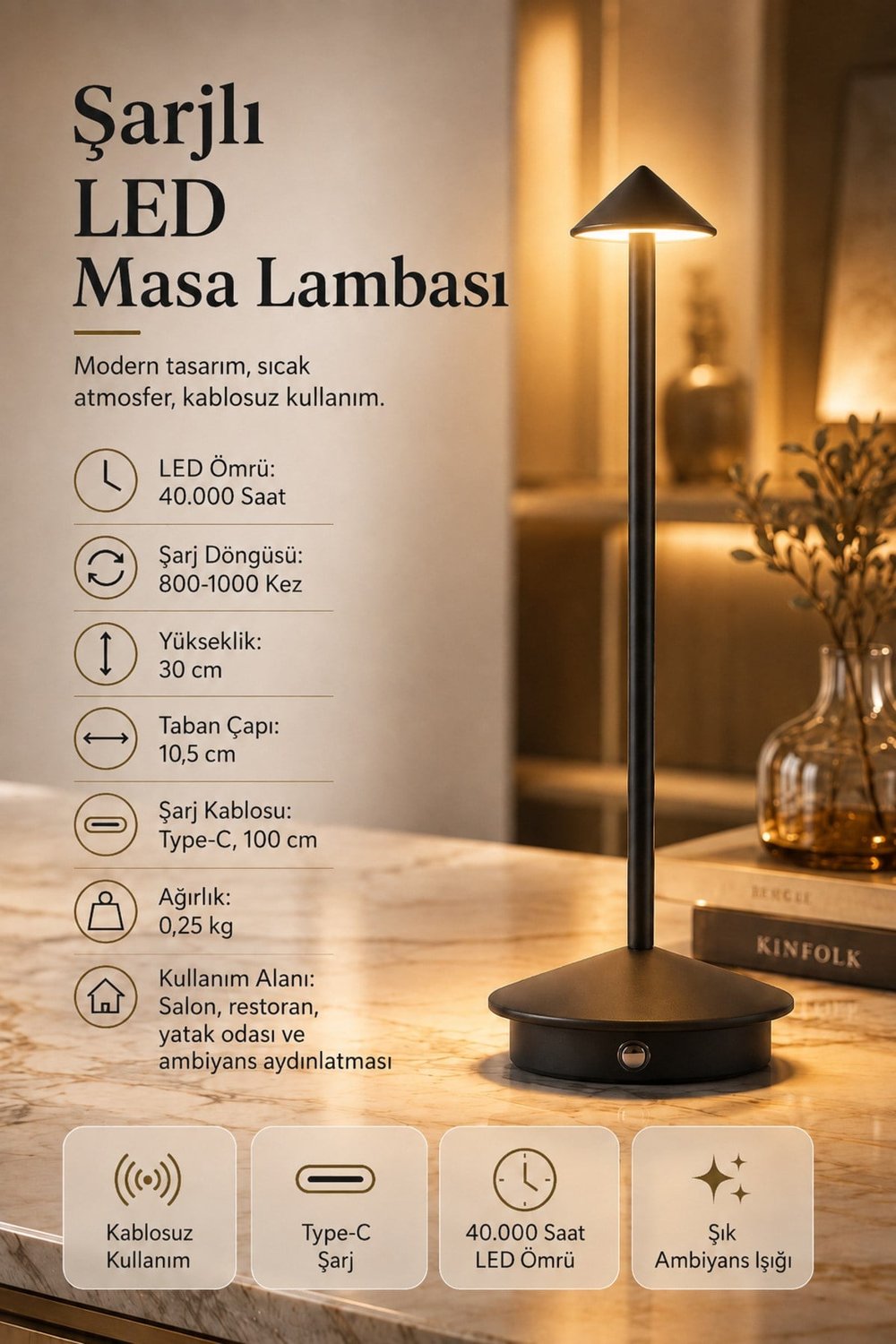 Şarjlı USB'li LED'li Siyah Gece Lambası – 3 Farklı Işık Modlu Dokunmatik Dimmerli Dekoratif Metal Masa Lambası