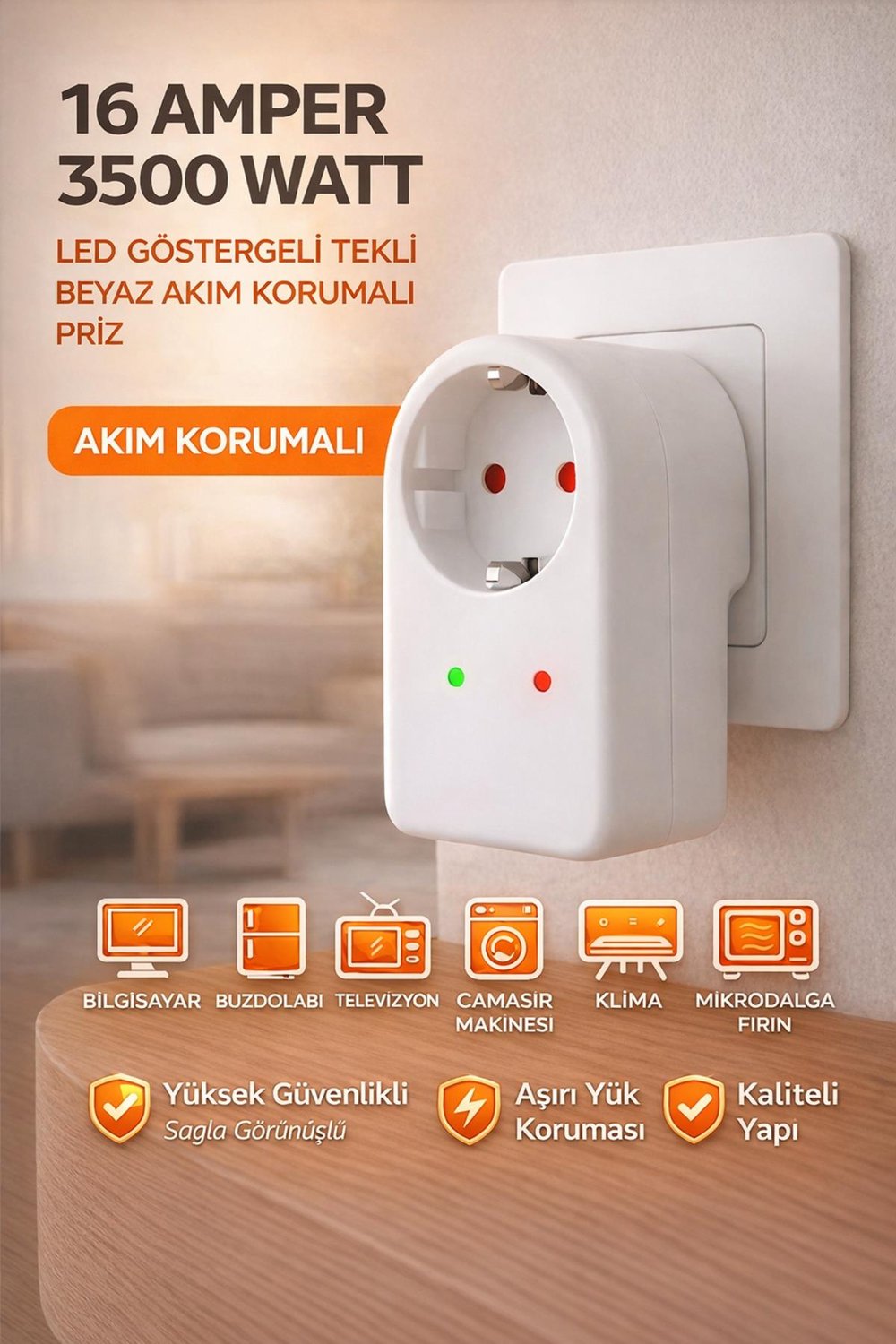 Tekli Akım Korumalı Priz 16 Amper 3500 Watt LED Göstergeli Tekli Beyaz Aşırı Yük Korumalı Priz