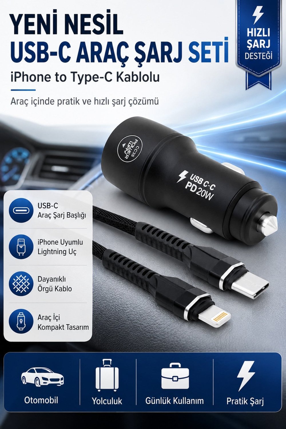Yeni Nesil USB-C Araç Şarj Seti iPhone to Type-C Kablolu PD18W Hızlı Şarj Destekli Araç İçi Şarj Cihazı