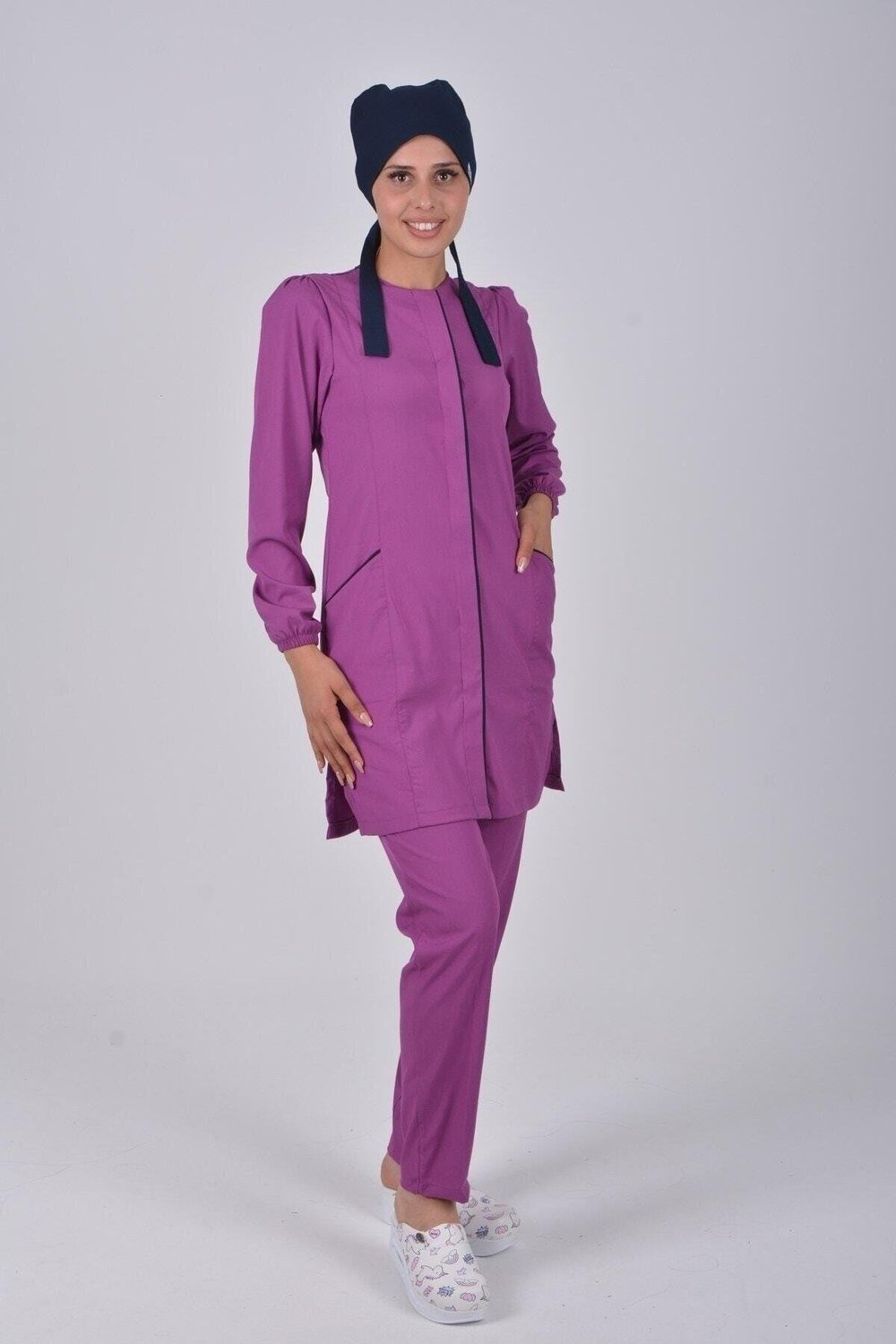 Açık Mor Soft Likra Hemşire Doktor Tesettür Alt Üst Takım Üniforma-Nur Medikal Giyim