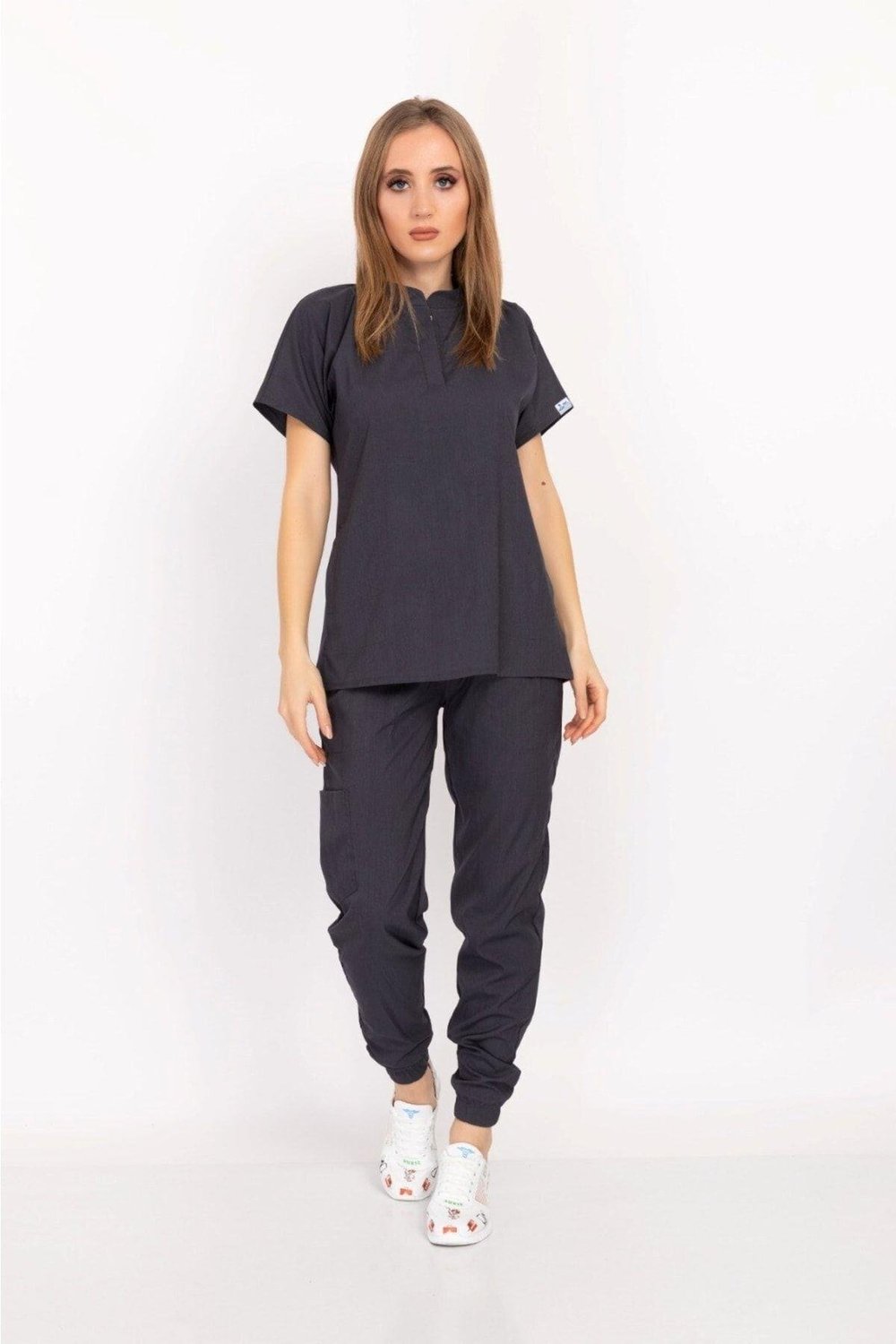 Antrasit Renk Çıt Çıtlı Hakim Yaka Soft Likra Doktor, Hemşire, Hastane, Nöbet Forma Takım-Nur Medikal Giyim