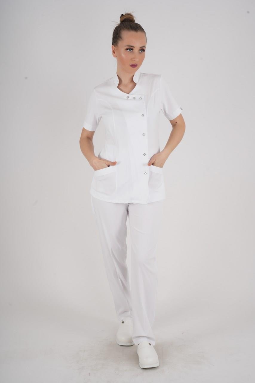 Aylu Model Soft Likra Beyaz Doktor Hemşire Hastane Scrubs Üniforma Takımı-Nur Medikal Giyim