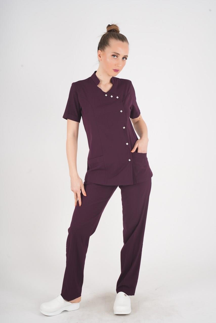 Aylu Model Soft Likra Mürdüm Doktor Hemşire Hastane Scrubs Üniforma Takımı-Nur Medikal Giyim