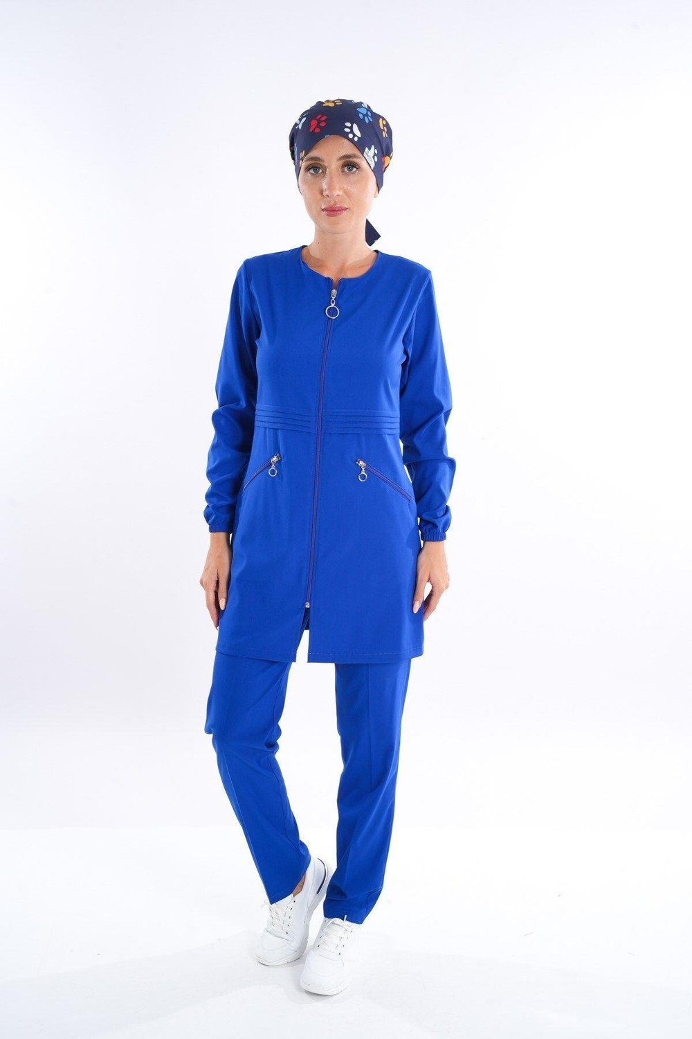 Badem Model Soft Likra Fermuarlı Saks Mavi Doktor Hemşire Cerrahi Üniforma Takım-Nur Medikal Giyim