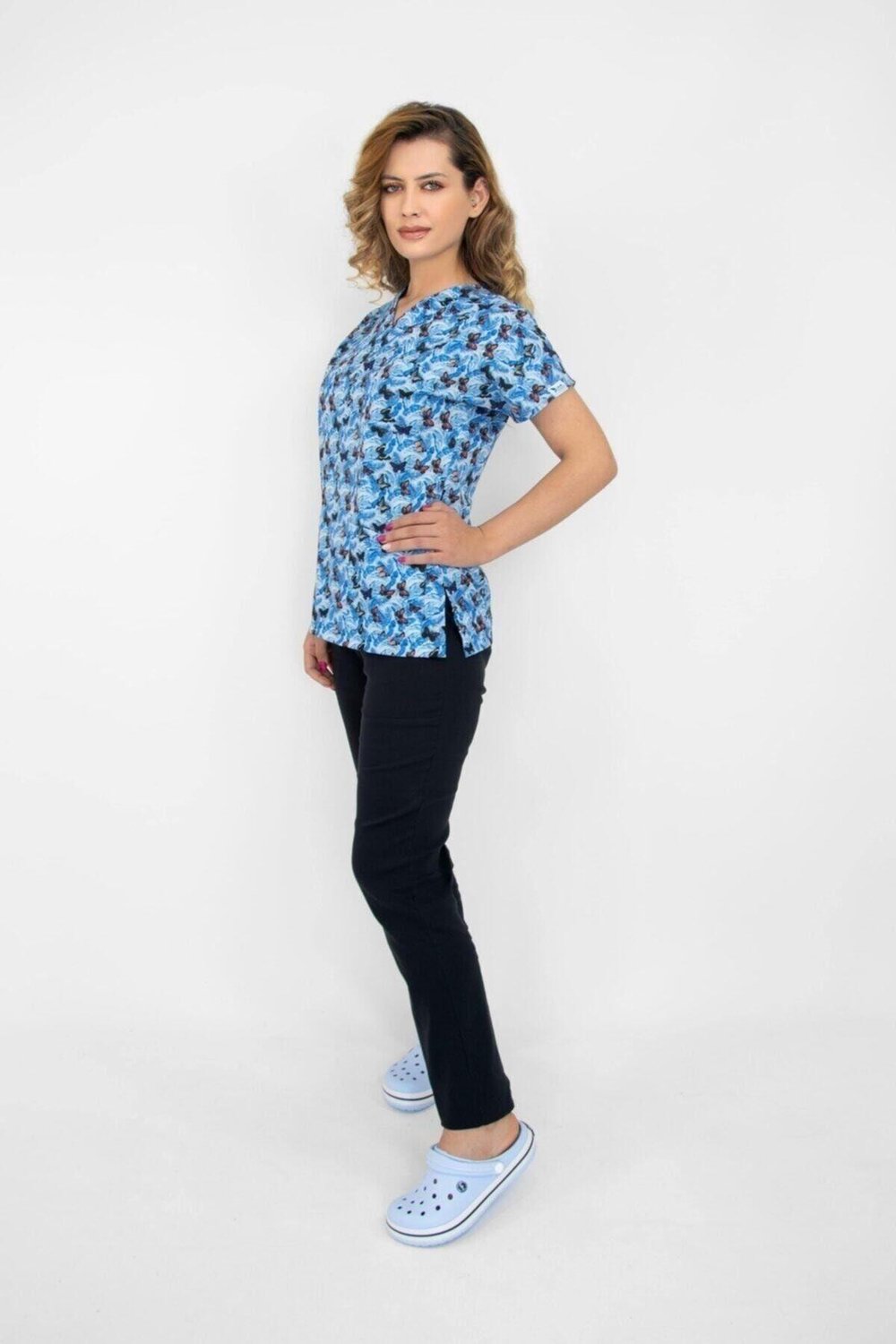 Buz Mavi Kelebek  Alt Üst Takım-Nur Medikal Giyim