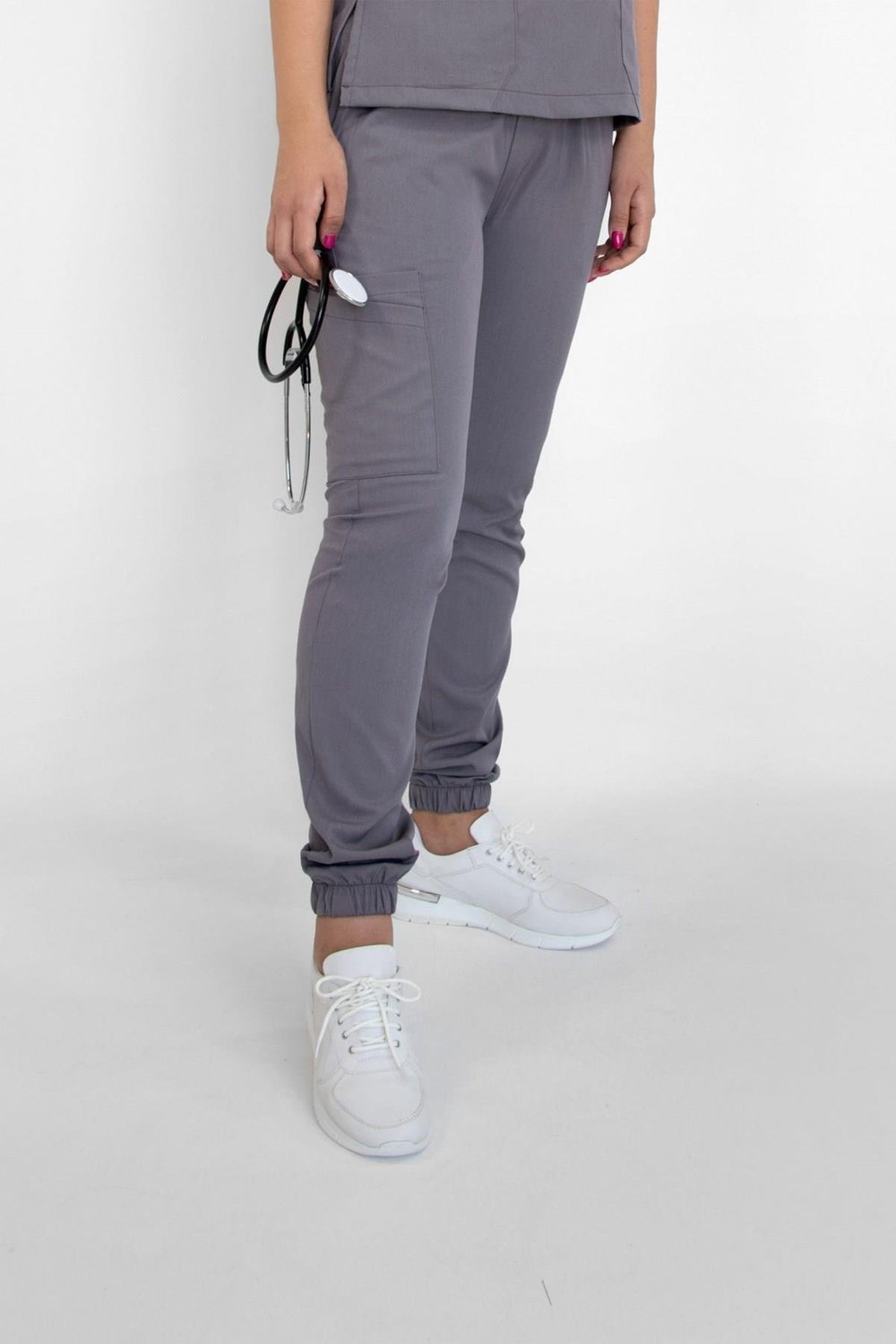 Gri Likralı Viskon Jogger Lastikli Paça Pantolon-Nur Medikal Giyim