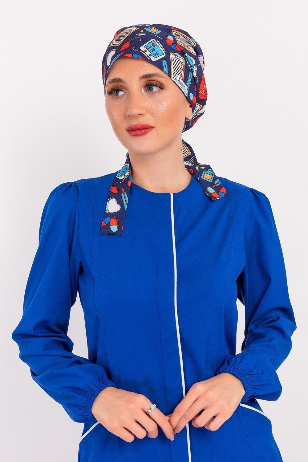 Kadın Lacivert Ilkyardım Desenli Hemşire Doktor Tesettür Bone-Nur Medikal Giyim