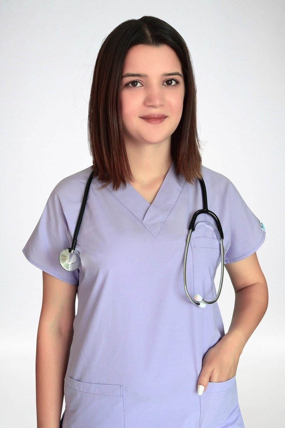 Kadın Lila Renk Likralı Cerrahi Tek Üst Doktor Hemşire Hastane Forma-Nur Medikal Giyim
