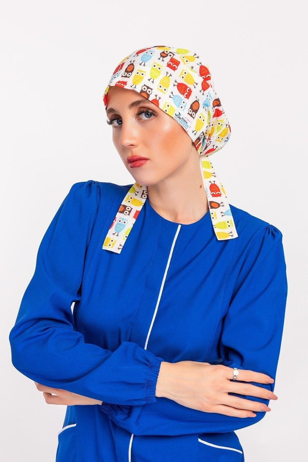 Kadın Sarı Baykuş Desenli Tessetür Hemşire Doktor Bone-Nur Medikal Giyim