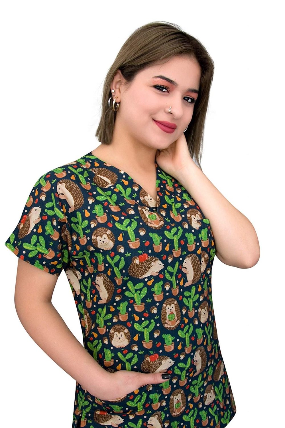 Kaktüs Kirpi Desenli Pamuklu Master Likra Doktor Hemşire Tek Üst Forma-Nur Medikal Giyim