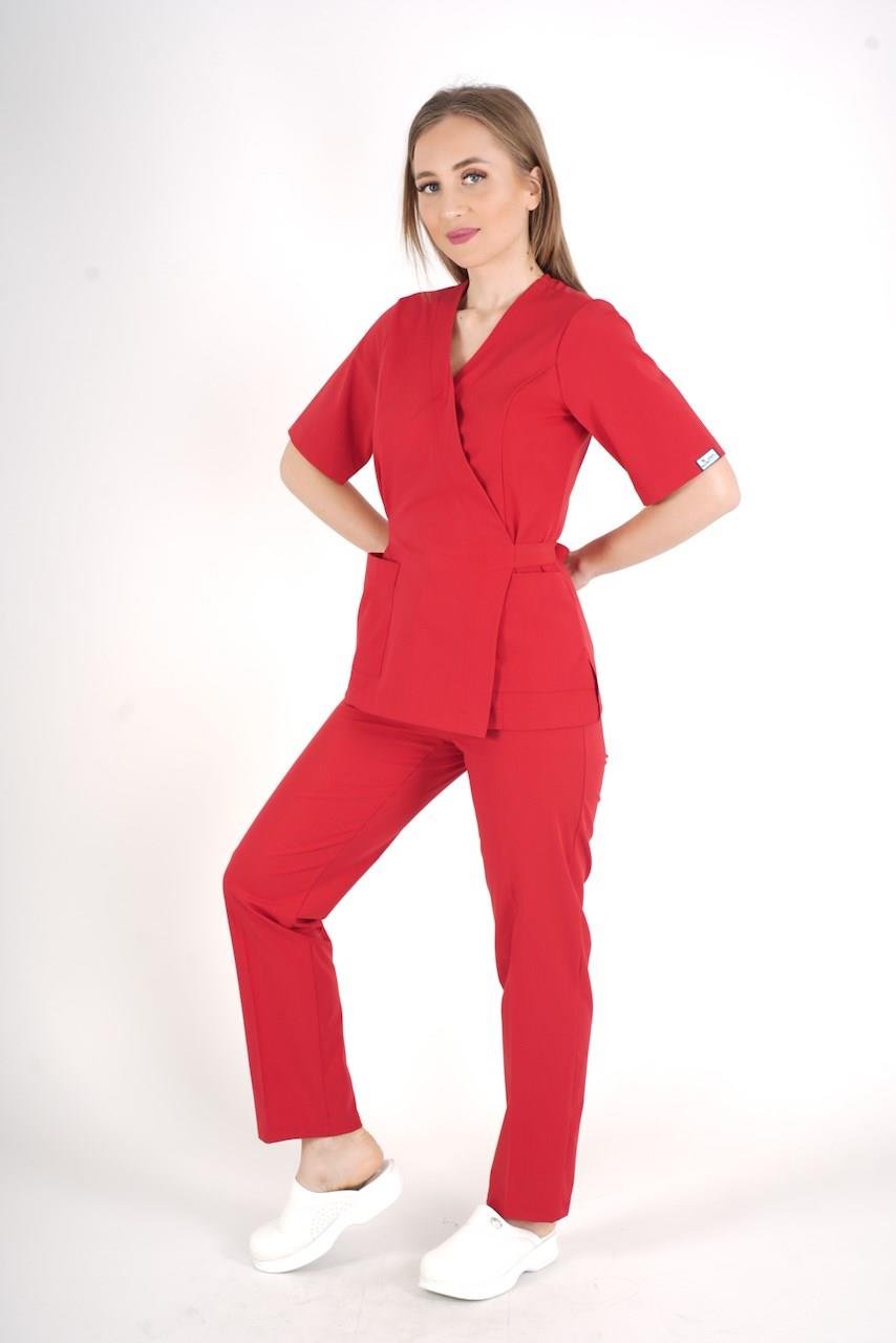 Kırmızı Elegant Model Cerrahi Üniforma Belden Bağlamalı Scrubs Takım-Nur Medikal Giyim