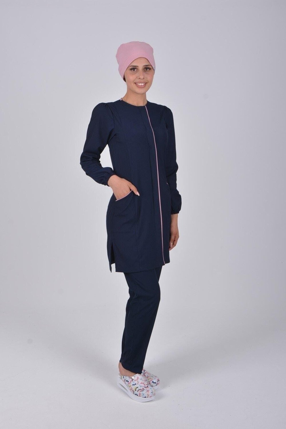Lacivert Soft Likra Hemşire Doktor Tesettür Alt Üst Takım Üniforma-Nur Medikal Giyim