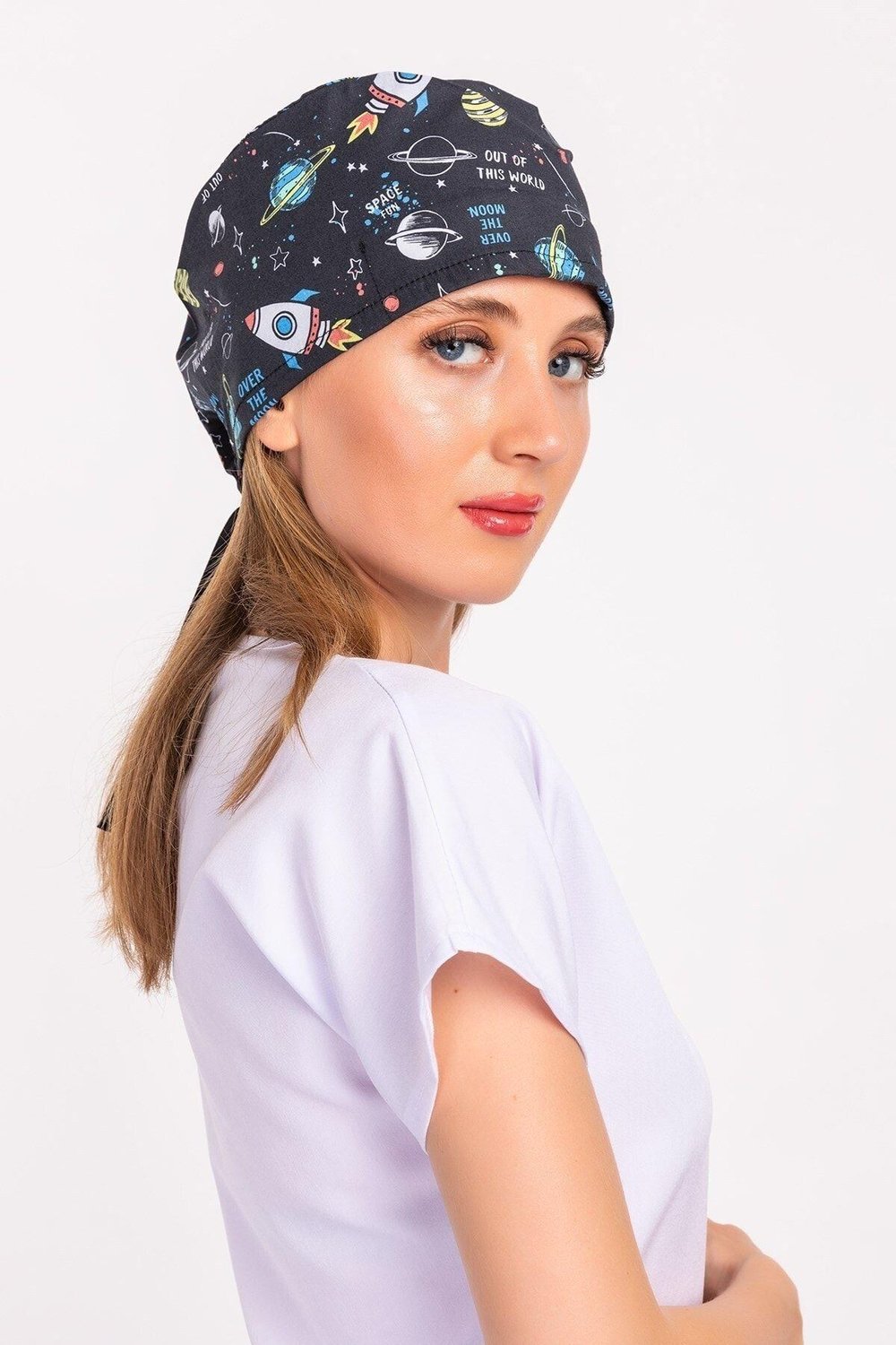 Master Likra Siyah Gezegen Desenli Doktor Hemşire Hastane Cerrahi Bone-Nur Medikal Giyim