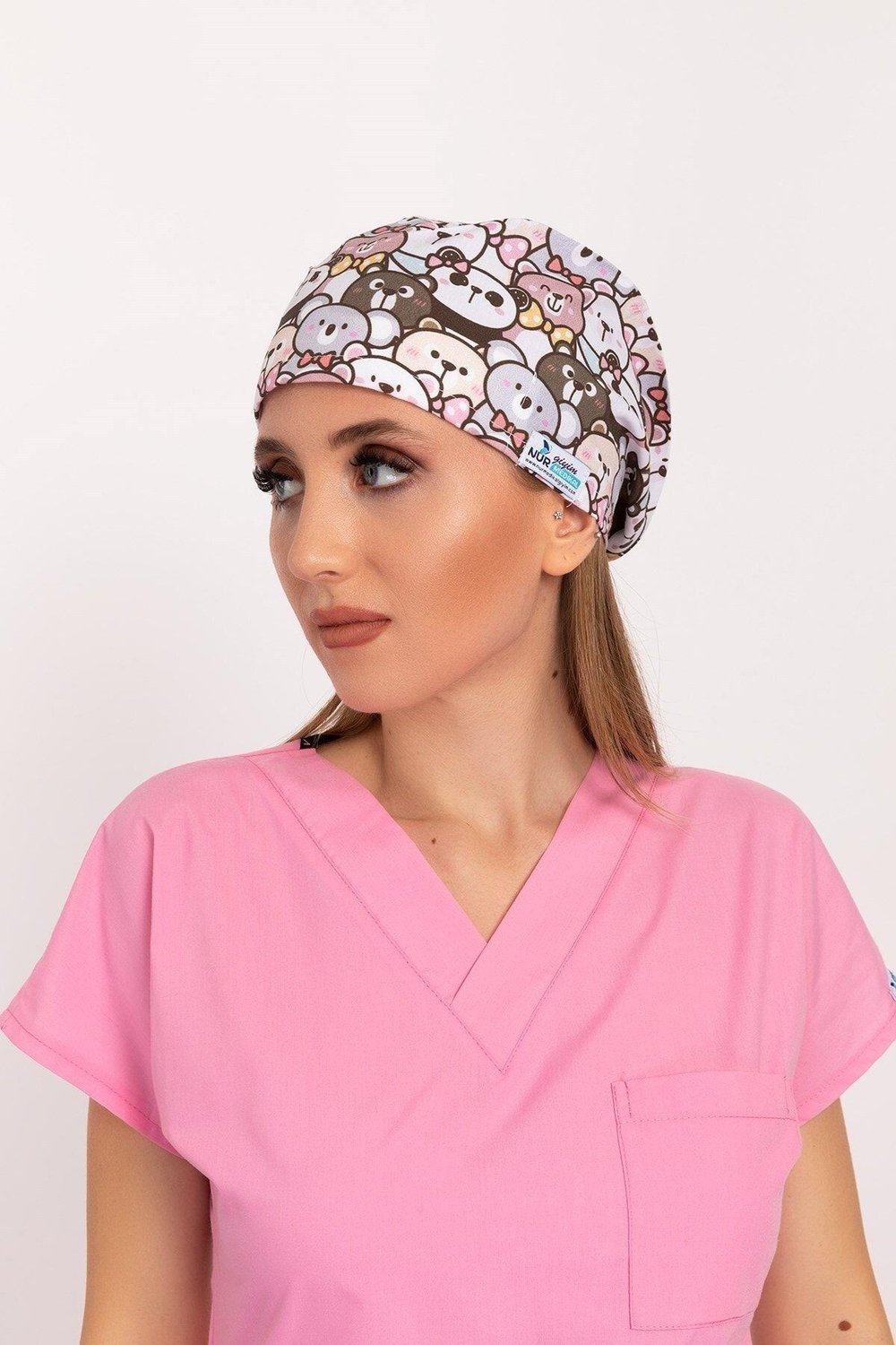 Master Likralı Kahverengi Ayıcık Desenli Cerrahi Doktor Hemşire Bone B155-Nur Medikal Giyim