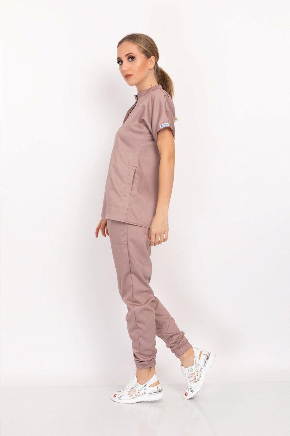 Pudra Renk Çağla Model Elit Likra Hakim Yaka Çıt Çıtlı Doktor Hemşire Üniforma Takım-Nur Medikal Giyim