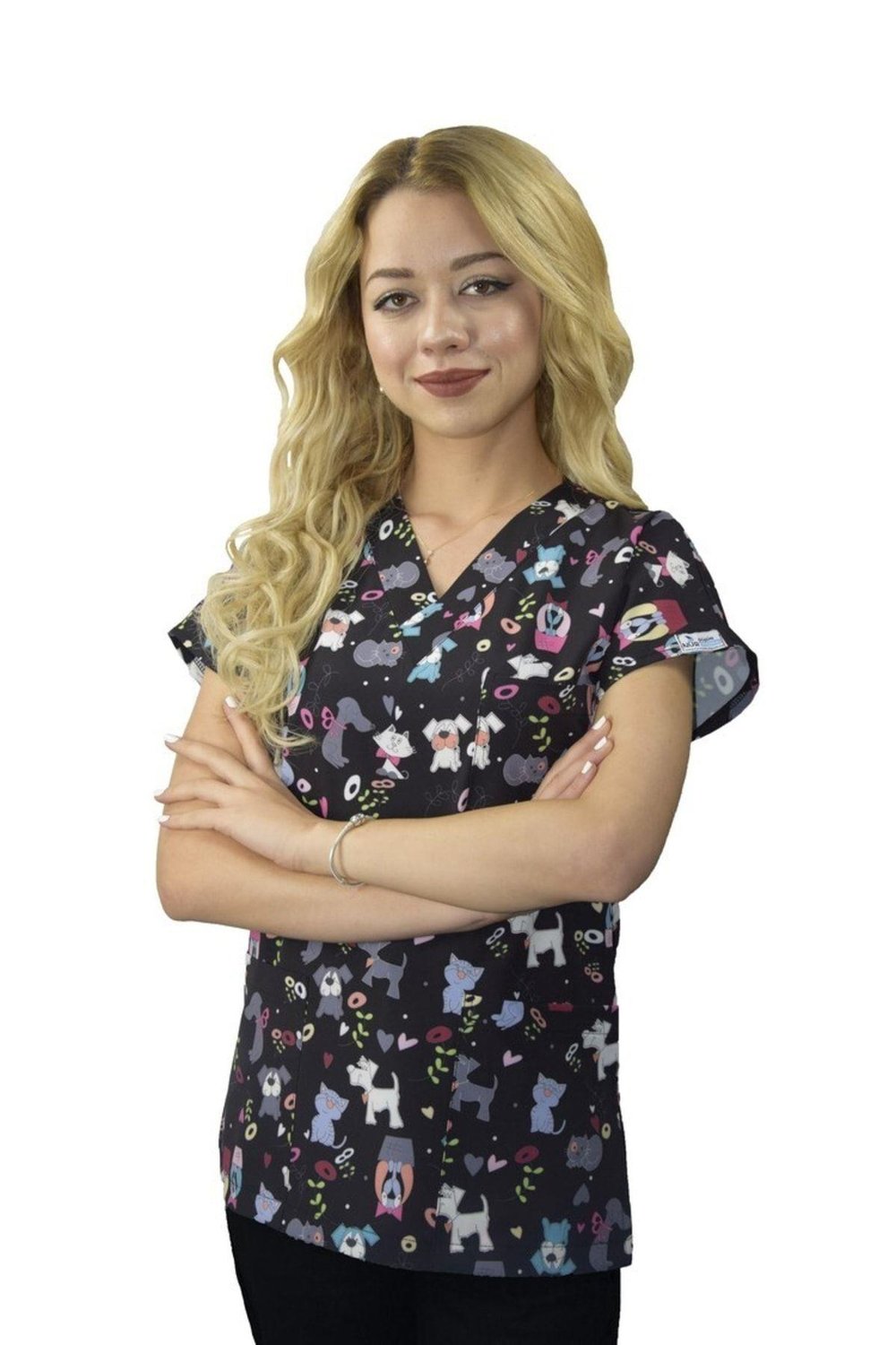 Sevimli Dostlar Desenli Likralı Doktor, Hemşire, Hastane, Cerrahi Tek Üst Üniforma-Nur Medikal Giyim