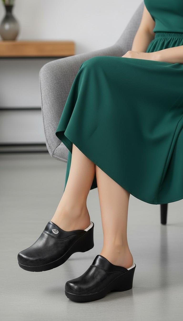 Siyah Delikli Dolgu Topuklu Kadın Sabo Ortopedik Hemşire Doktor Aşçı Günlük Terlik-Nur Ortopedi