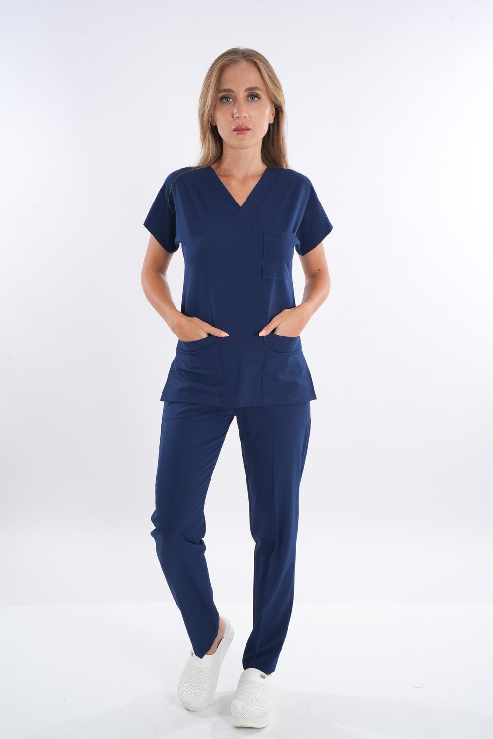 Unisex Elit Likra Lacivert Hemşire Ve Doktor Üniforma Takımı Scrubs-Nur Medikal Giyim