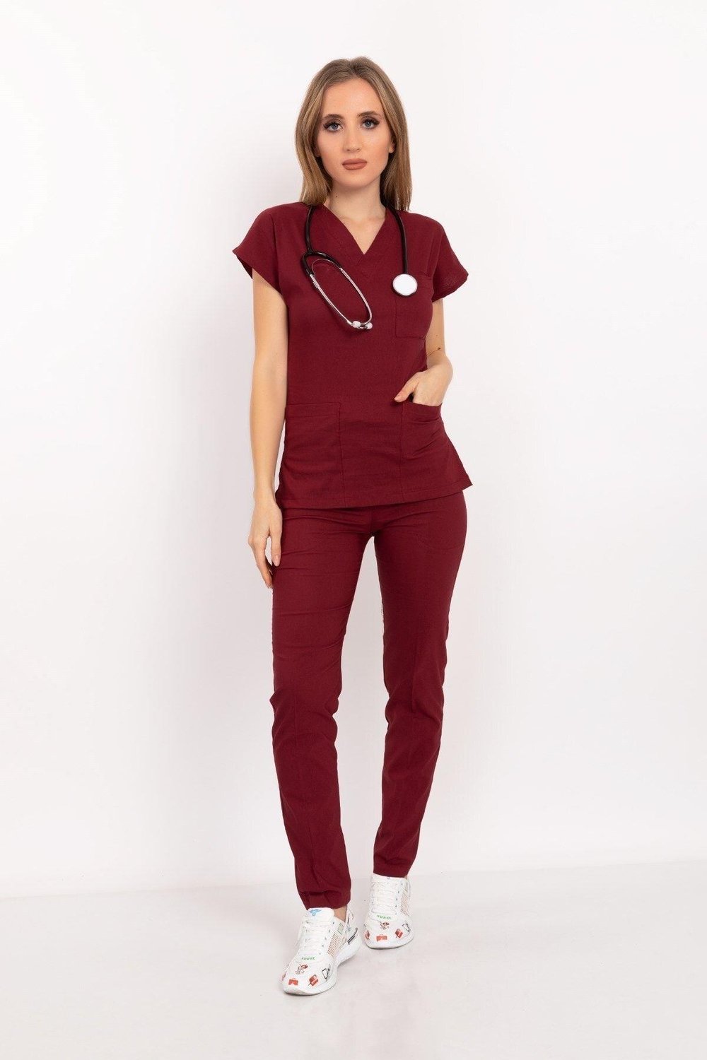 Unisex Kadın Erkek Bordo Renk Likralı Doktor Hemşire Hastane Scrubs Üniforma Takımı-Nur Medikal Giyim