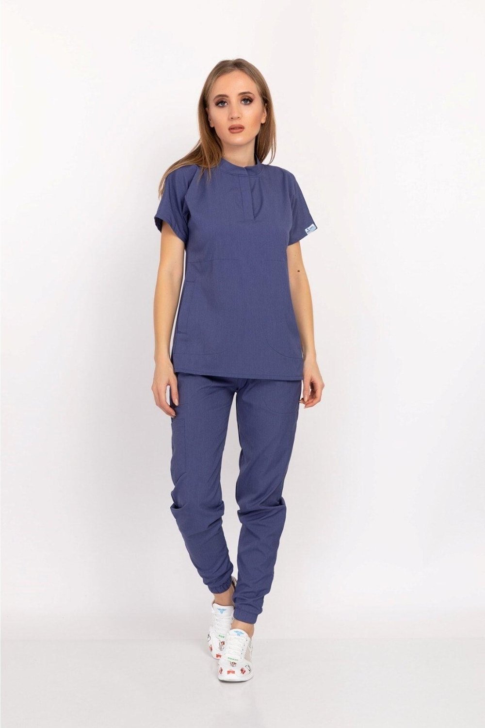 Unisex Kadın Erkek Fırtına Mavisi Renk Çıt Çıtlı Hakim Yaka Soft Likra Hemşire Doktor Hastane Takım-Nur Medikal Giyim