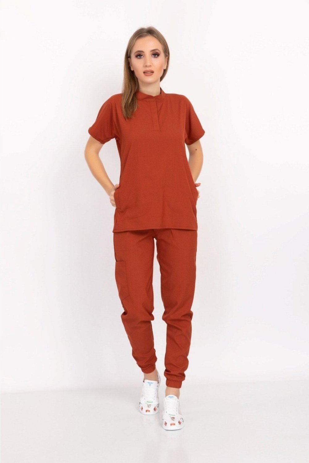 Unisex Kadın Erkek Kiremit Renk Çıt Çıtlı Hakim Yaka Soft Likra Forma Takım-Nur Medikal Giyim