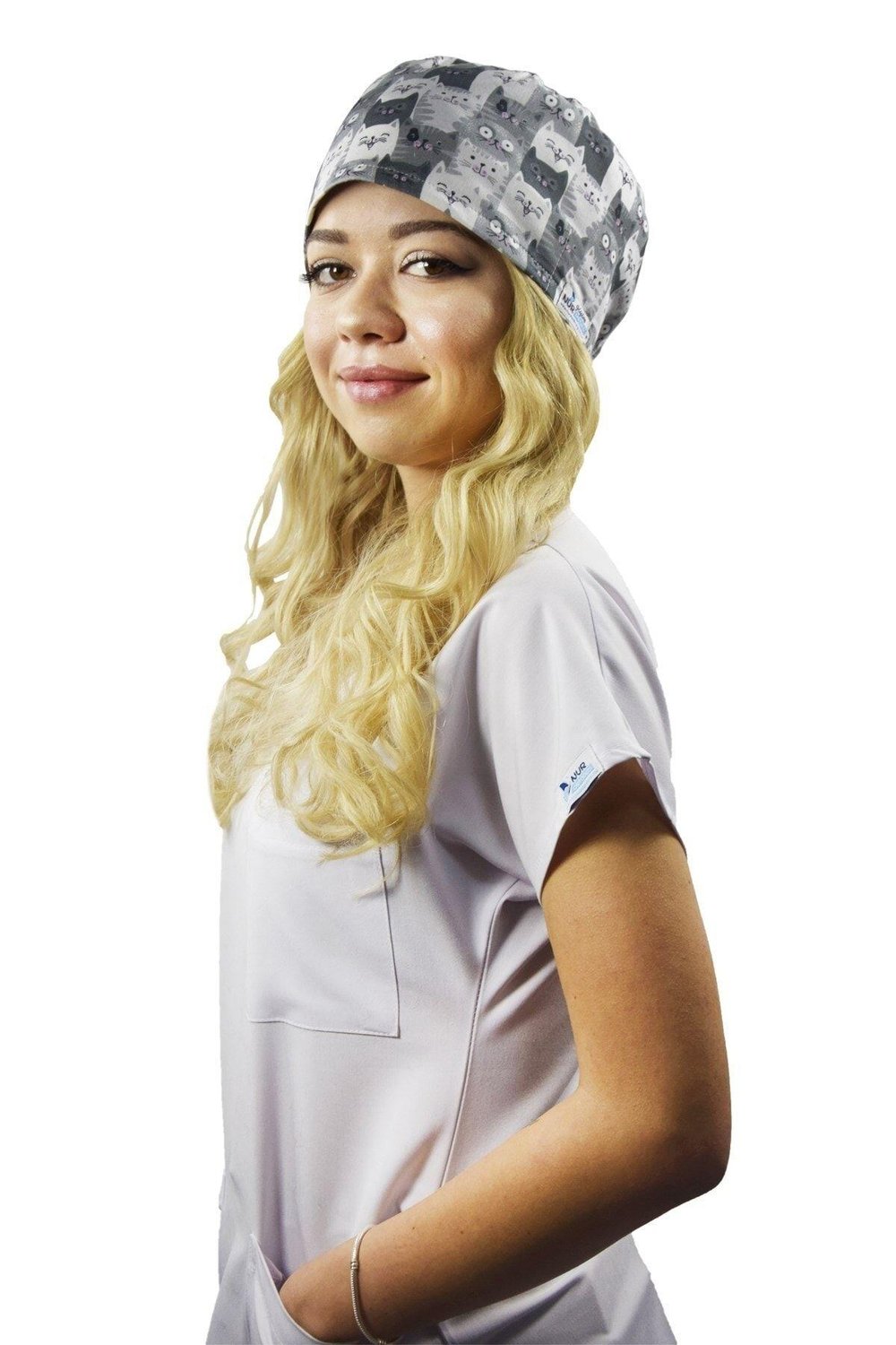 Unisex Kadın Erkek Master Likra Gri Kediler Desenli Doktor Hemşire Veteriner Hastane Cerrahi Bonesi-Nur Medikal Giyim