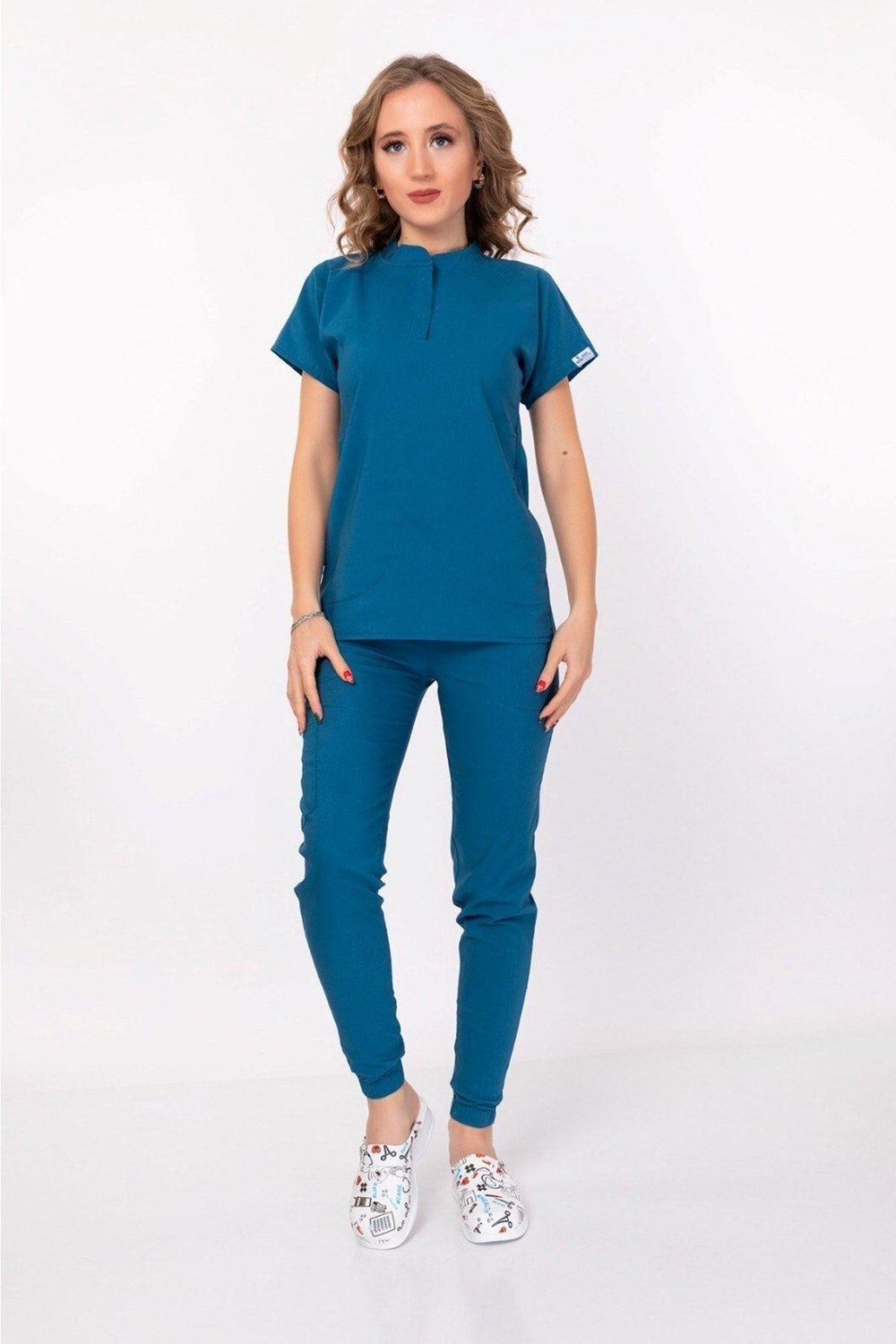Unisex Kadın Erkek Petrol Mavisi Çıt Çıtlı Hakim Yaka Doktor Hemşire Hastane Cerrahi Takım-Nur Medikal Giyim