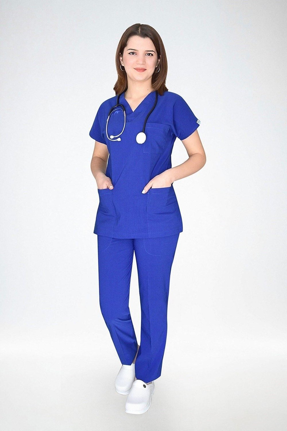 Unisex Kadın Erkek Saks Mavi Soft Likralı Cerrahi Doktor Hemşire Hastane Scrubs Takımı-Nur Medikal Giyim