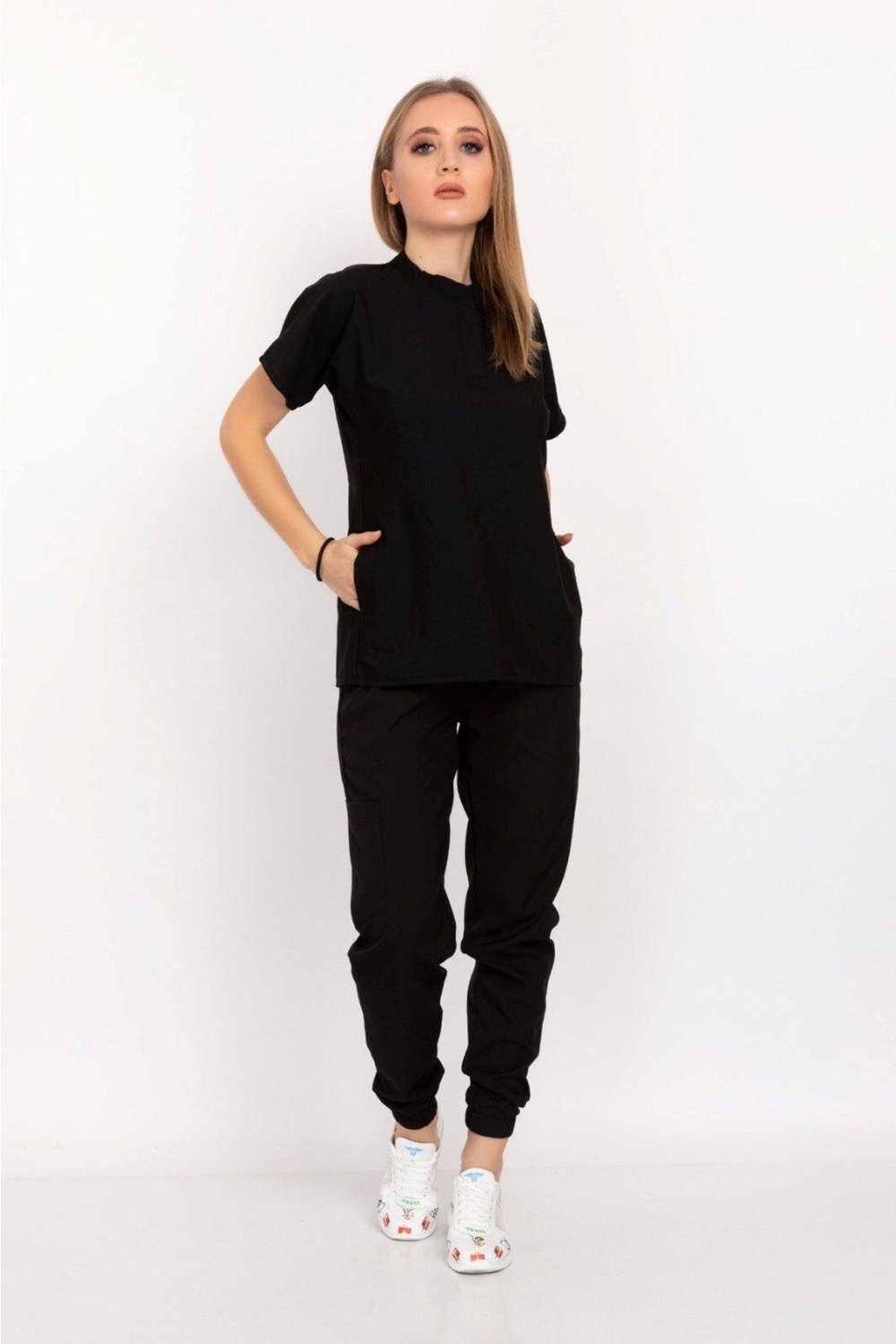 Unisex Kadın Erkek Siyah Renk Çağla Model Elit Likra Hakim Yaka Çıt Çıtlı Doktorüniforma Takım-Nur Medikal Giyim