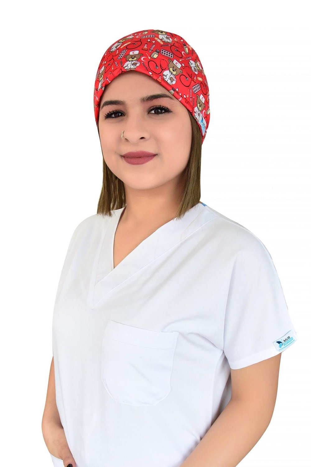 Unisex Kırmızı Ayıcık Desenli Cerrahi Bone Hemşire Saç Bonesi-Nur Medikal Giyim