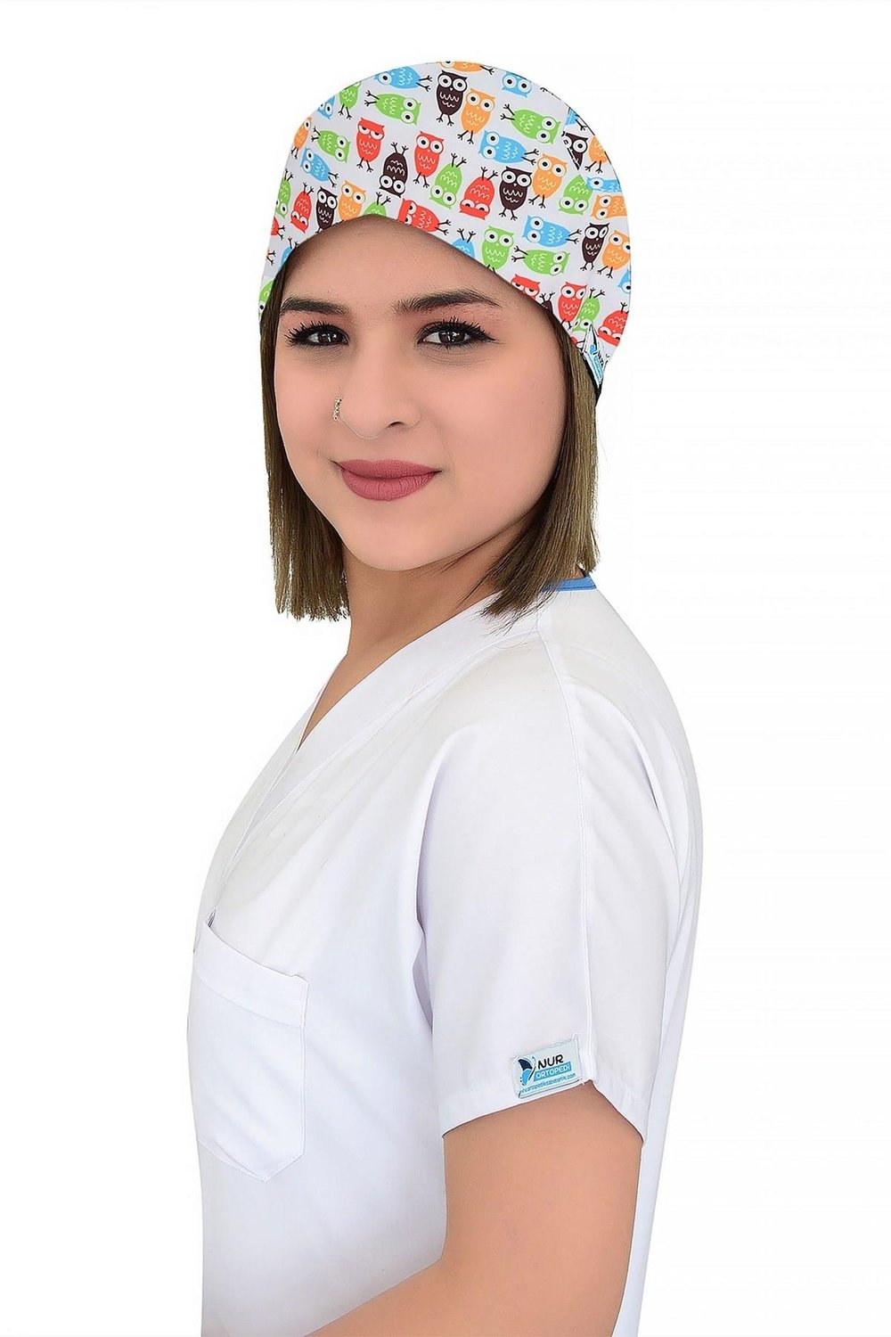 Unisex Renkli Baykuşlar Desenli Cerrahi Bone Hemşire Saç Bonesi-Nur Medikal Giyim