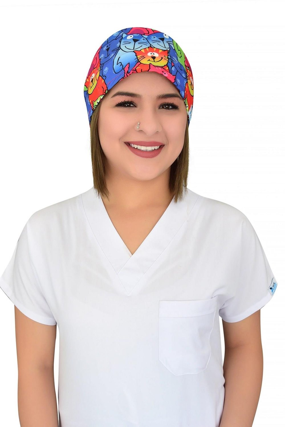 Unisex Renkli Kediler Desenli Cerrahi Bone Hemşire Saç Bonesi-Nur Medikal Giyim