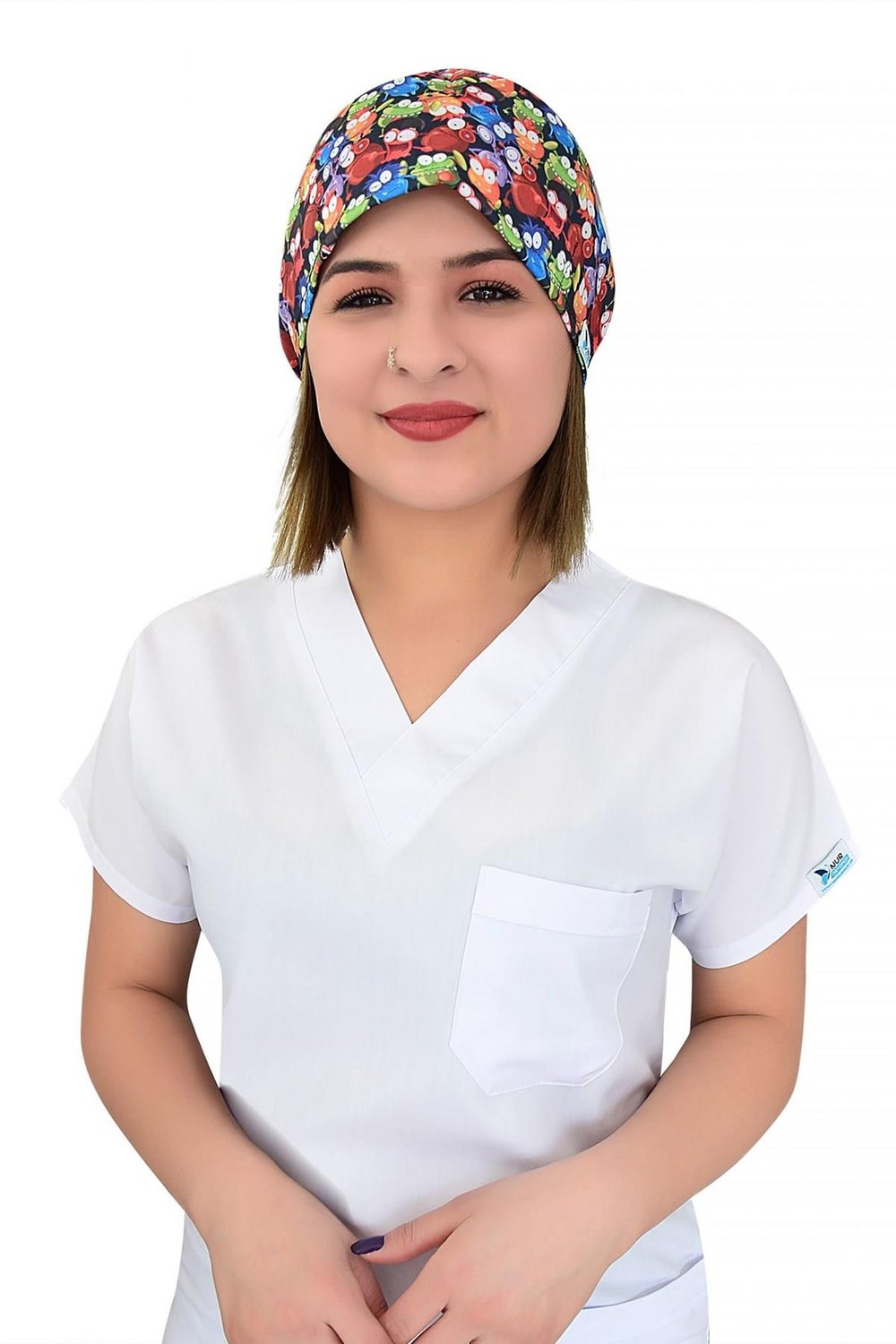 Unisex Renkli Kurbağalar Desenli Cerrahi Bone Hemşire Saç Bonesi-Nur Medikal Giyim