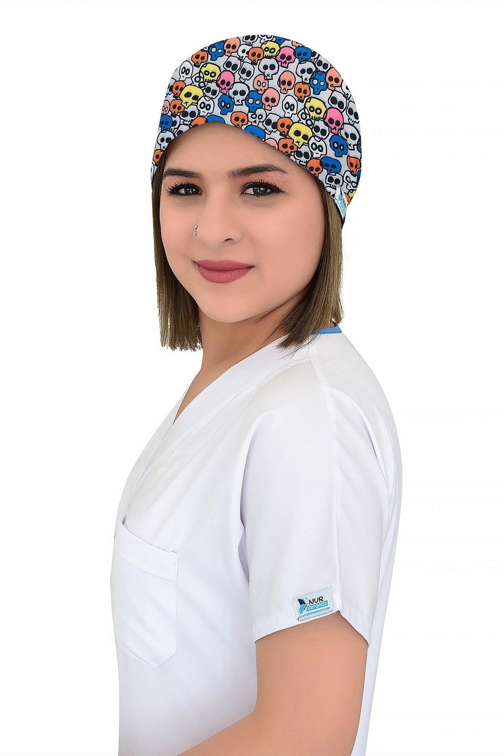 Unisex Renkli Kurukafalar Desenli Cerrahi Bone Hemşire Saç Bonesi-Nur Medikal Giyim