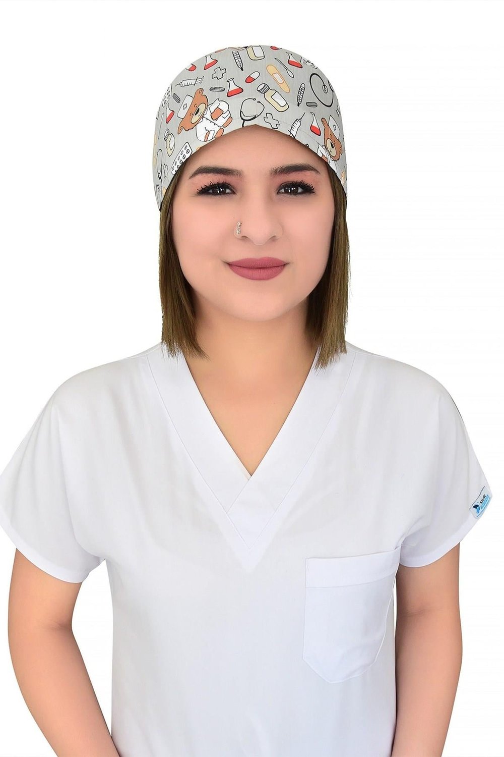 Unisex Sevimli Gri Ayıcık Desenli Cerrahi Bone Doktor Saç Bonesi-Nur Medikal Giyim