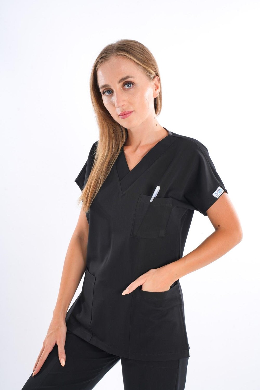 Unisex Siyah Alpaka Doktor Hemşire Hastane Medikal Scrubs Tek Üst Forma-Nur Medikal Giyim