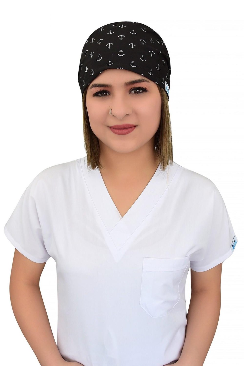 Unisex Siyah Çapa Desenli Cerrahi Bone Hemşire Doktor Saç Bonesi-Nur Medikal Giyim