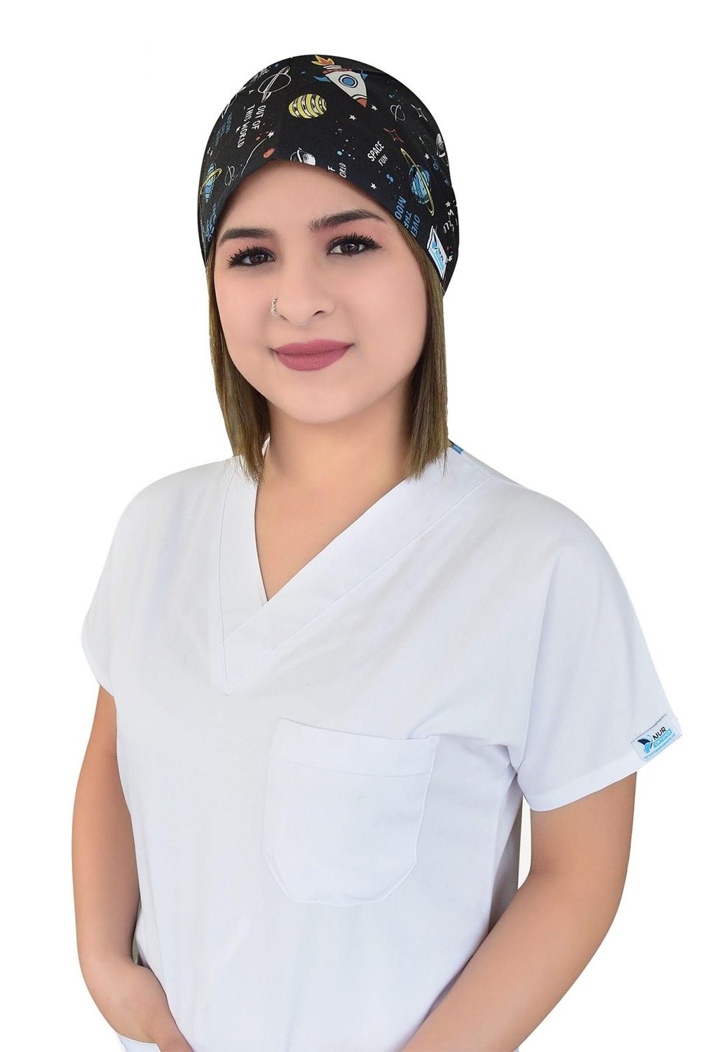 Unisex Siyah Gezegen Desenli Cerrahi Bone Hemşire Doktor Saç Bonesi-Nur Medikal Giyim