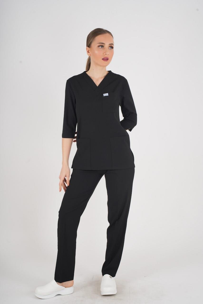 Unisex Siyah Violet Model Scrubs Takım Doktor Hemşire Üniforması-Nur Medikal Giyim