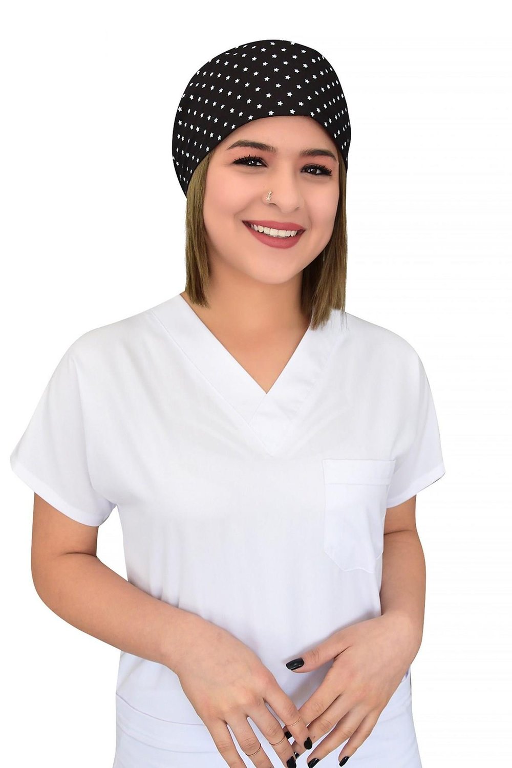 Unisex Siyah Yıldız Desenli Cerrahi Bone Hemşire Doktor Saç Bonesi-Nur Medikal Giyim