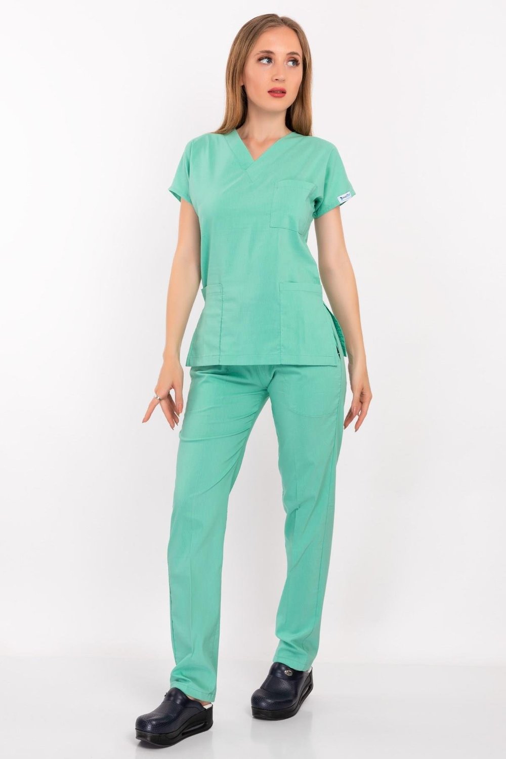 Unisex Su Yeşili Terikoton Hemşire Doktor Scrubs Nöbet Takım-Nur Medikal Giyim