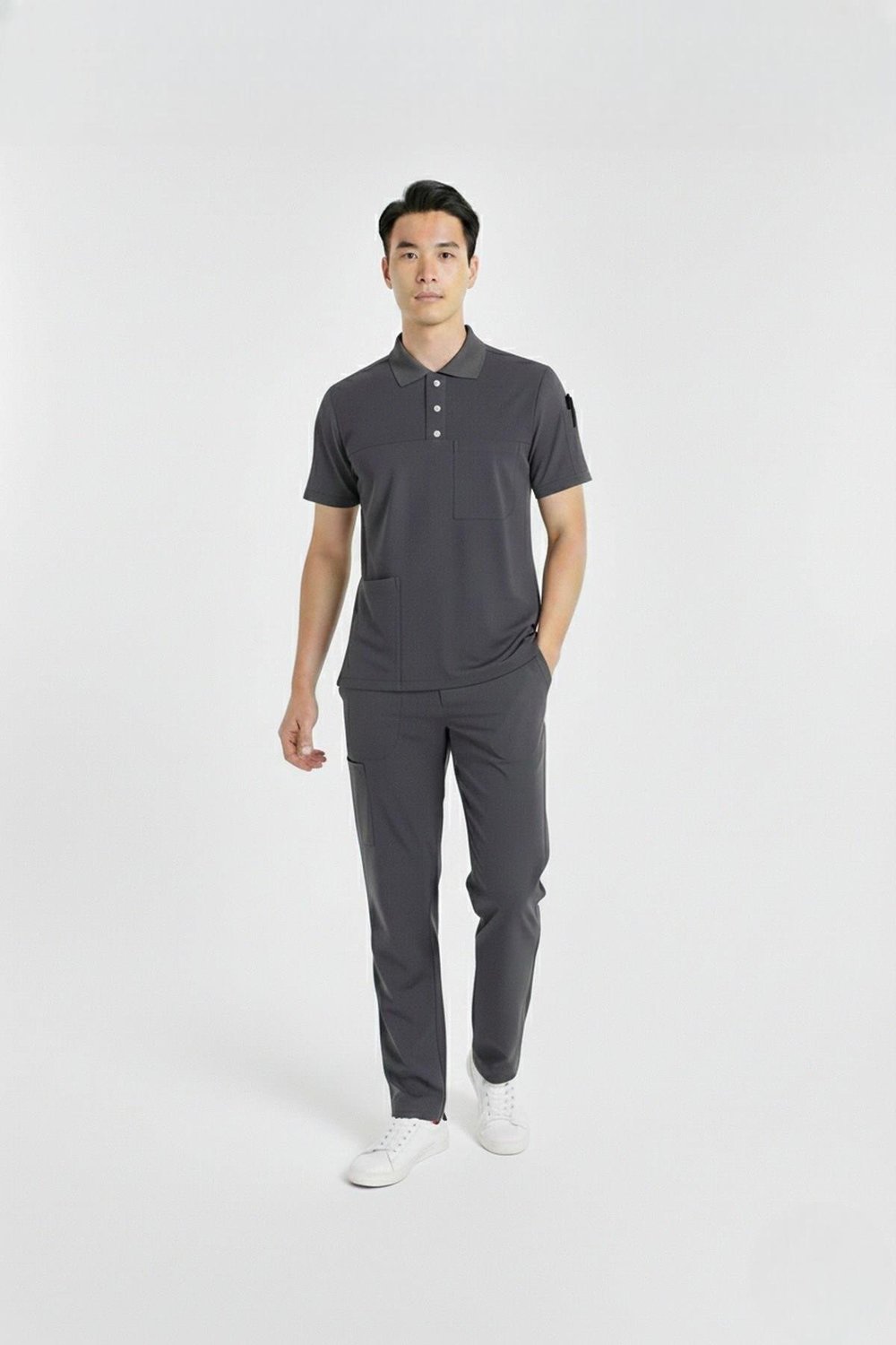 Zulu Model Antrasit Polo Yaka Likralı Erkek Doktor Hemşire Scrubs Üniforma Takımı-Nur Medikal Giyim