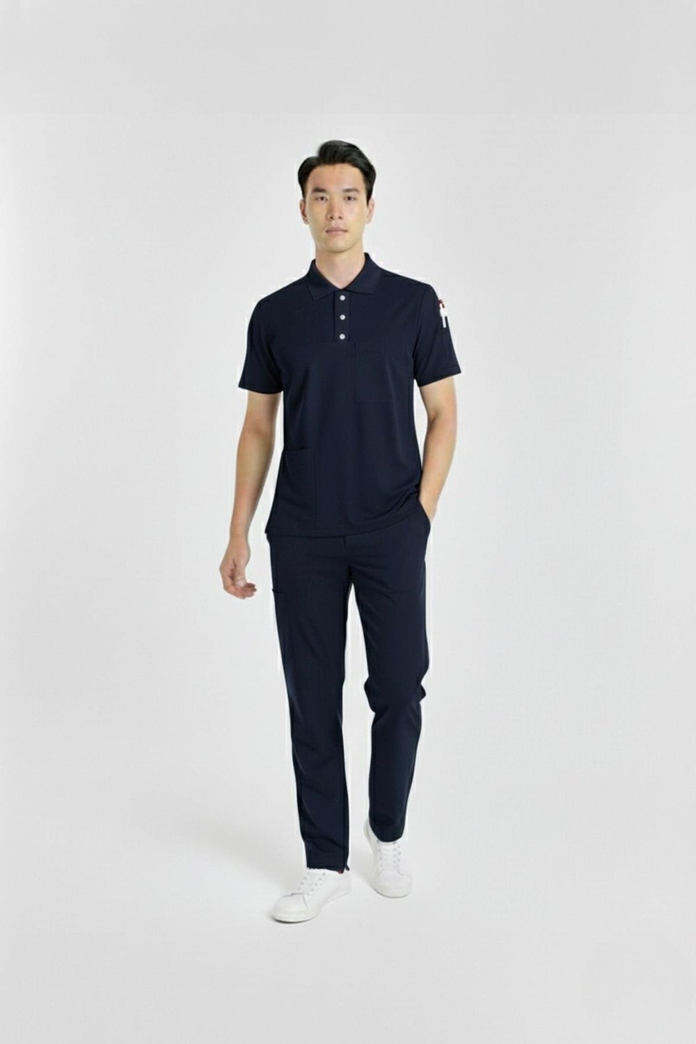 Zulu Model Lacivert Polo Yaka Likralı Erkek Doktor Hemşire Scrubs Üniforma Takımı-Nur Medikal Giyim